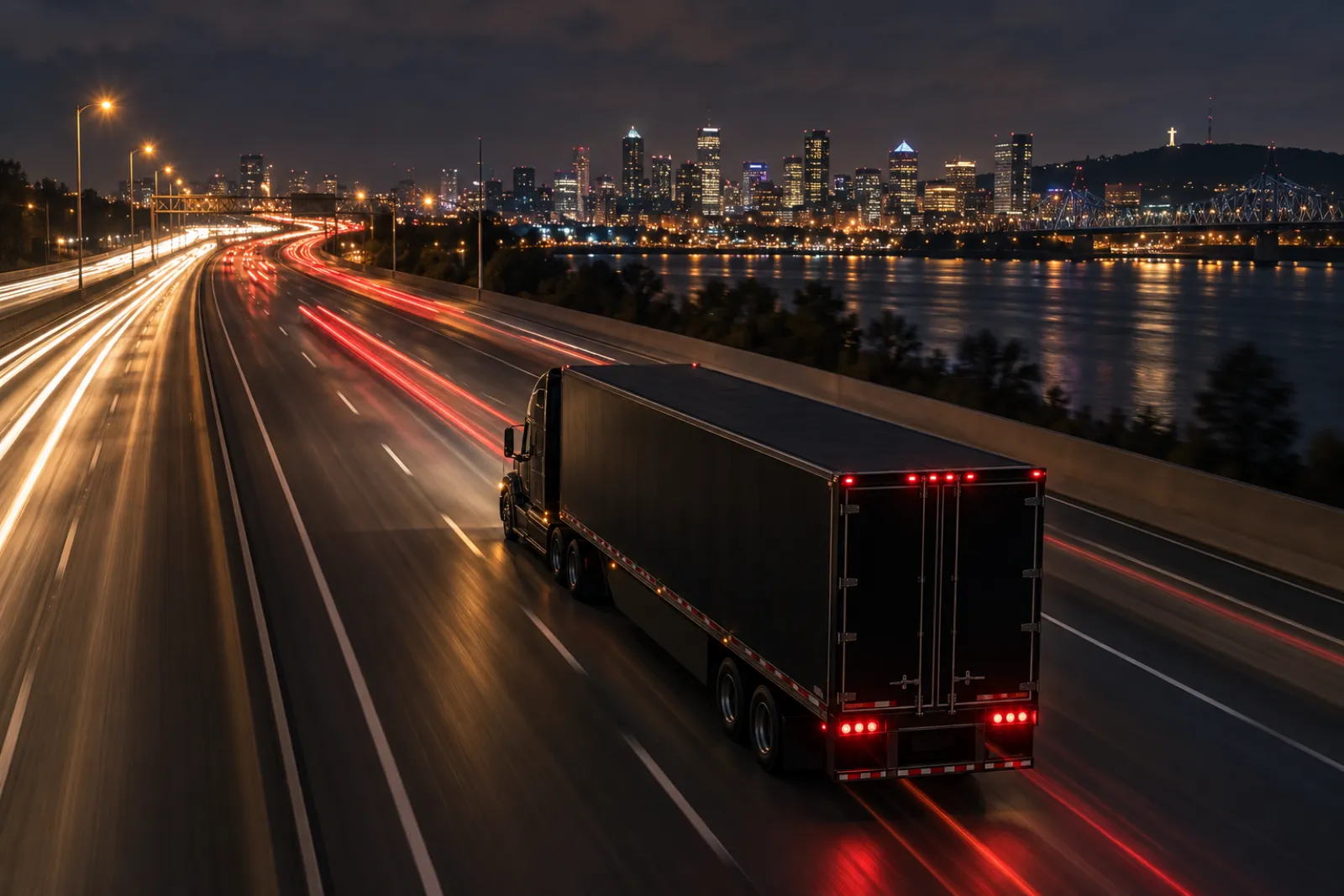 Semi-remorque noire roulant de nuit sur l’autoroute