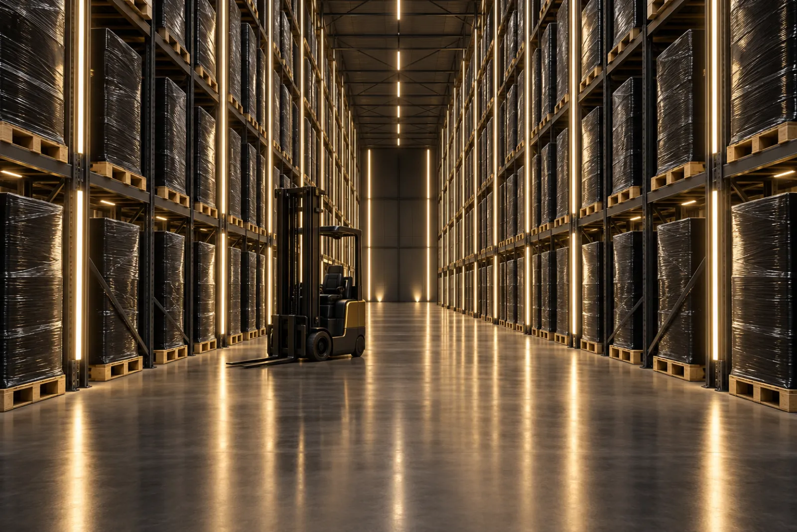 Allée d’entrepôt bordée de palettiers chargés de palettes noires